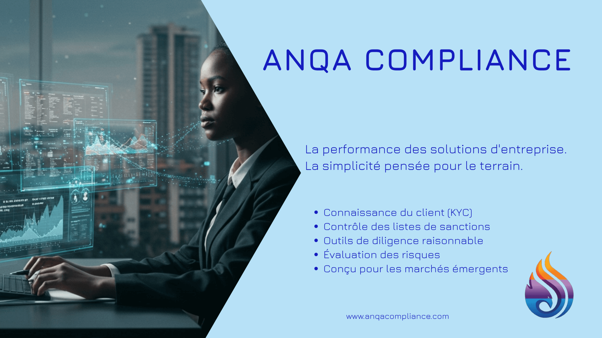 A man sitting at a desk with a laptop, surrounded by holographic financial data and charts in a high-rise office at night, with a city skyline visible outside.