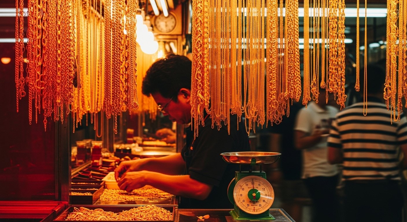   Gold trading in Bangkok&rsquo;s Yaowarat district. When digital payment rails become too visible, value converts to bullion—one of the layering techniques used in the scam-compound economy that moves proceeds through Thai infrastructure before disappearing offshore.  