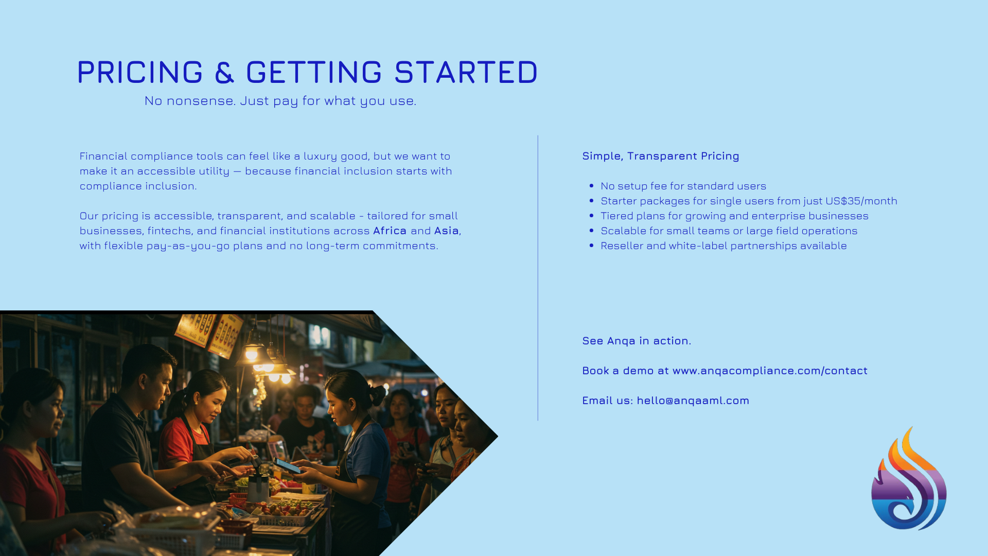 A blue informational slide about pricing and getting started with financial compliance tools, featuring text on the right side and a photo of customers at a market stall on the left with warm lighting and people engaging in commerce.