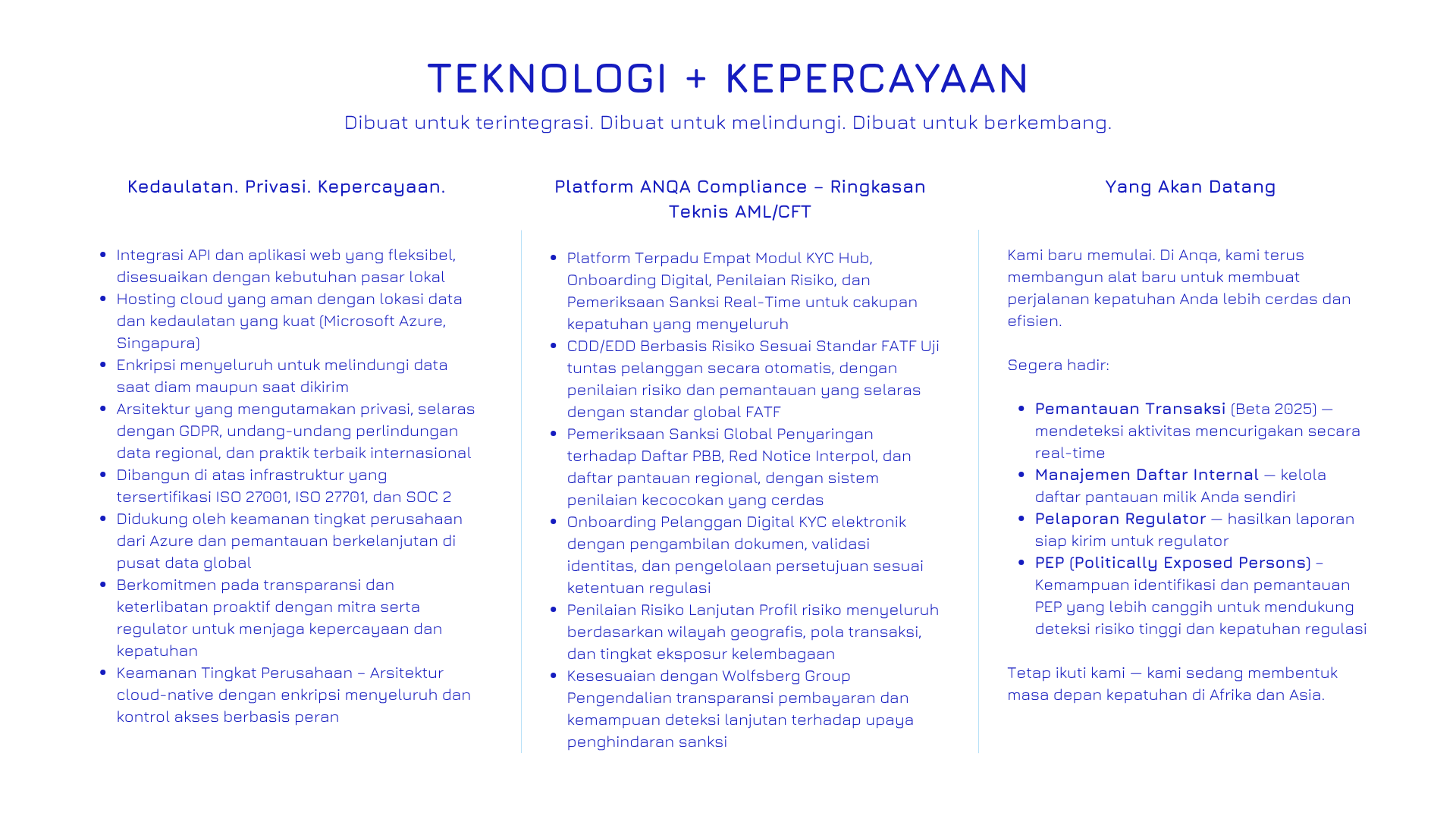 A digital presentation slide titled &lsquo;TECH + TRUST&rsquo; with the tagline &lsquo;Built to integrate. Built to protect. Built to grow.&rsquo; It has three columns of text providing information about the company&rsquo;s cybersecurity features, technical summaries, and upcoming features, all in blue text on a white background.