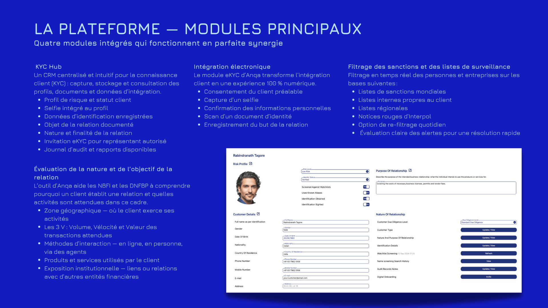 Informational presentation slide titled &lsquo;The Platform - Core Modules&rsquo; detailing four integrated modules: KYC Hub, Electronic Onboarding, Sanctions & Watchlist Screening, and a screenshot of a digital KYC form with a profile picture, personal details, and options for relationship purpose, nature of relationship, and screening status.