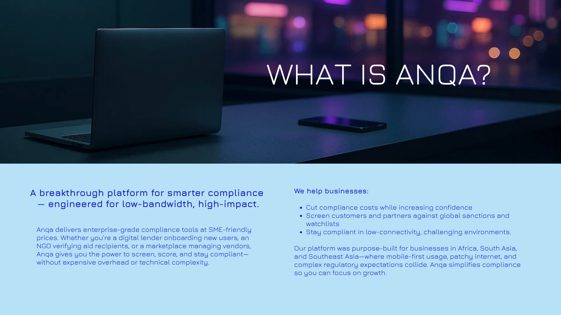 A digital presentation slide with the title &lsquo;What is ANQA?&rsquo; on a dark background with a laptop and smartphone on a desk. The slide includes text about ANQA as a platform for compliance tools, and details on how it helps businesses, with a blue background and white text.