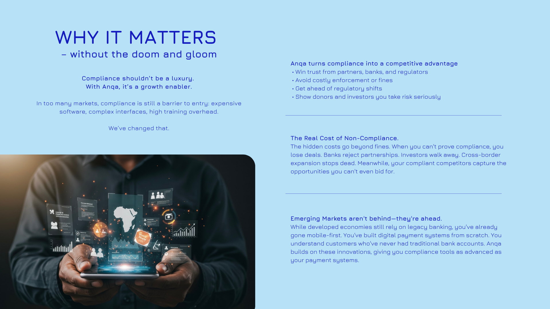 A person holding a smartphone with digital compliance icons floating above, featuring graphs and data symbols on a dark background.