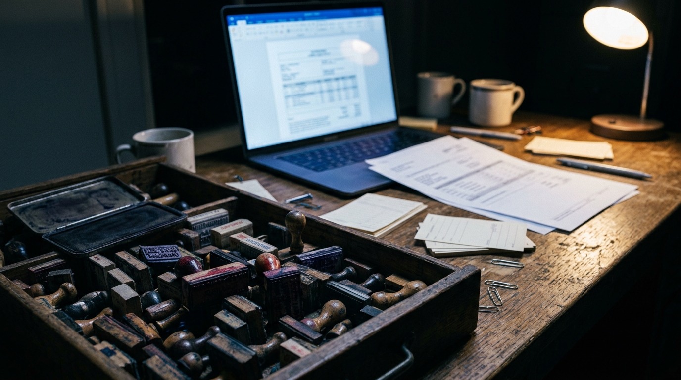 A desk at night: a laptop showing an invoice, a tray of rubber stamps, and printed invoices spread across the wood