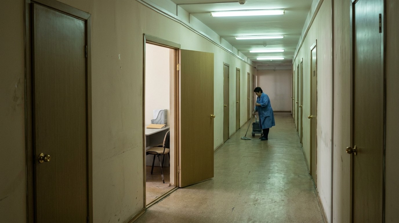 An empty office corridor lined with doors, one room bare but for a desk and chair
