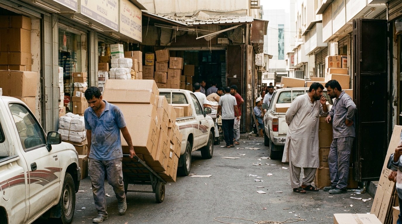 A trading street in old Dubai, shopfronts and goods stacked along the walkway