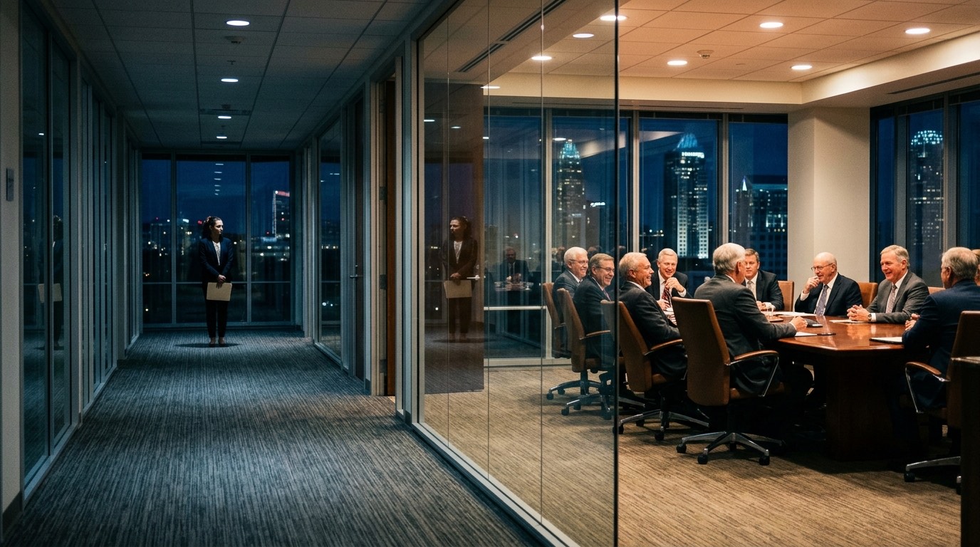 A compliance officer waiting in a glass-walled corridor, holding a folder, while a board meeting carries on in the room beside her