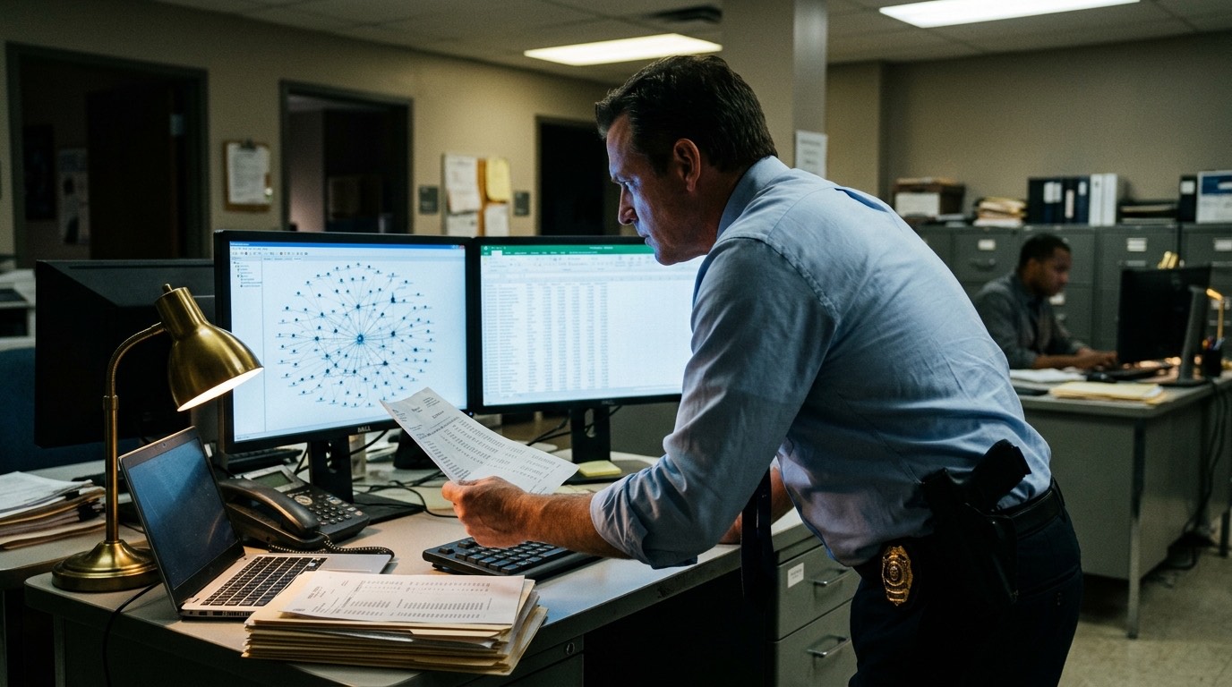 An investigator leaning over a desk with a printout, a network graph and a spreadsheet on the screens in front of him