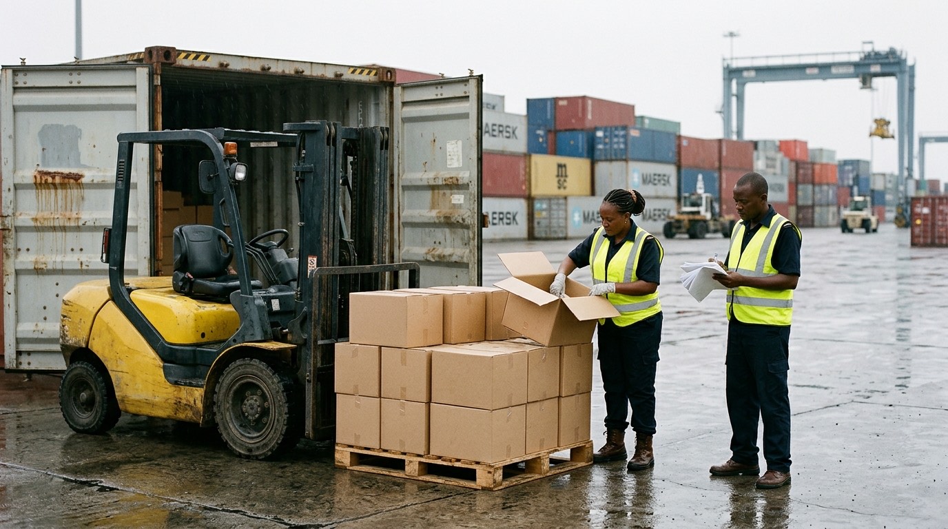 Two port inspectors in high-visibility vests checking an opened carton against paperwork beside a shipping container