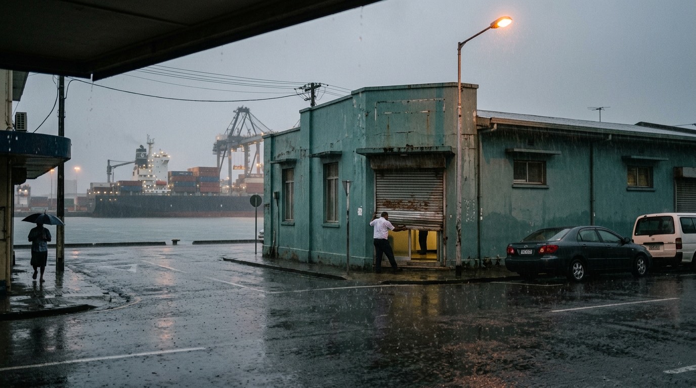 A rain-soaked port street at dusk, a shuttered harbourside building in front of cranes and a container ship