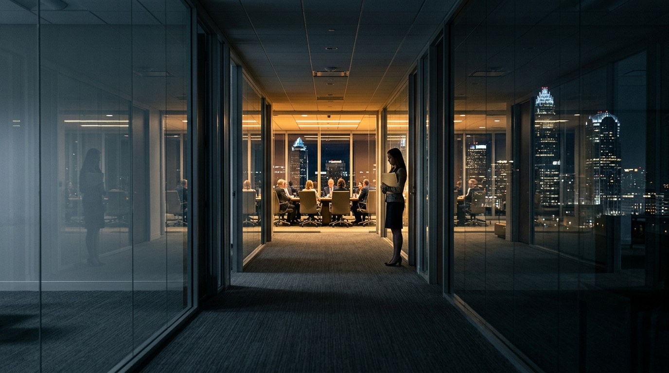A compliance officer standing alone in a dark office corridor reading a document, a lit meeting room at the far end