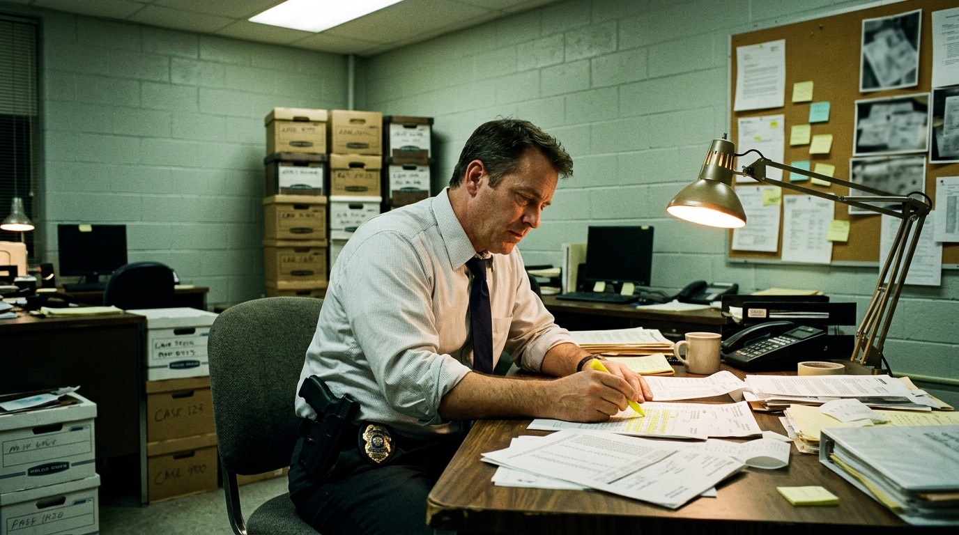 An investigator at a cluttered desk marking up printed papers, case files stacked behind him