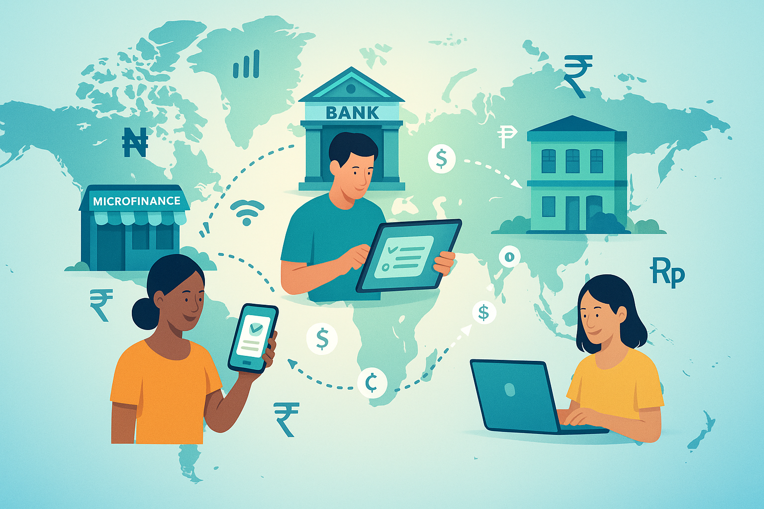 Illustration depicting global finance with a world map background. Features diverse individuals using digital devices, like smartphones and tablets, connected to financial institutions such as banks and microfinance. Symbols of various currencies, like dollars, rupees, and pesos, are present.